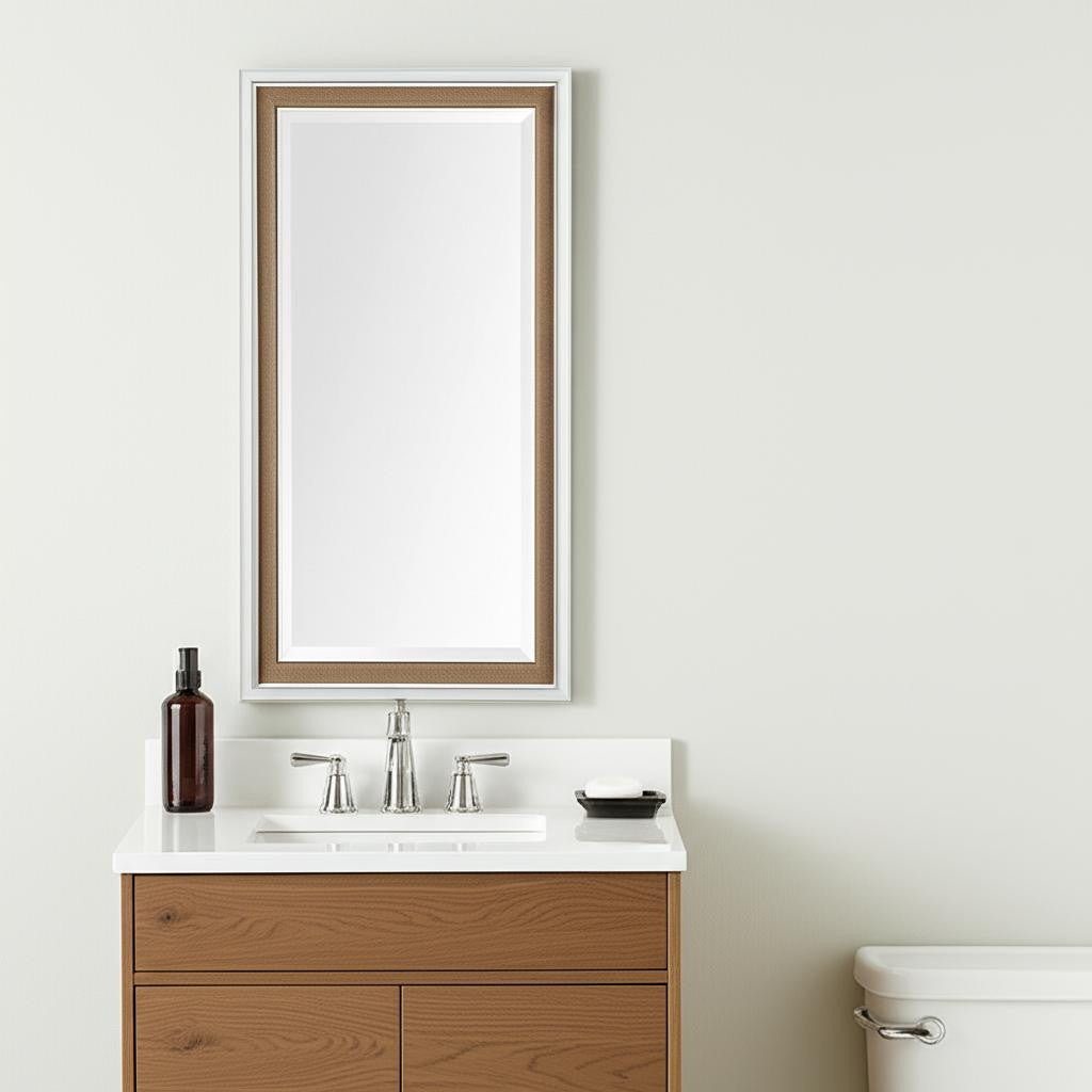 53" White And Natural Framed Bathroom Vanity Mirror