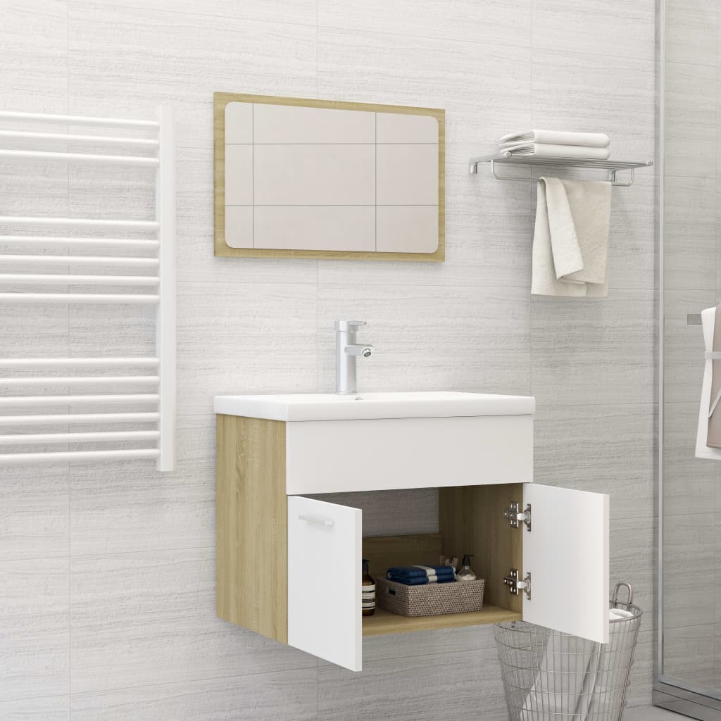 NNEVL 2 Piece Bathroom Furniture Set White and Sonoma Oak Chipboard