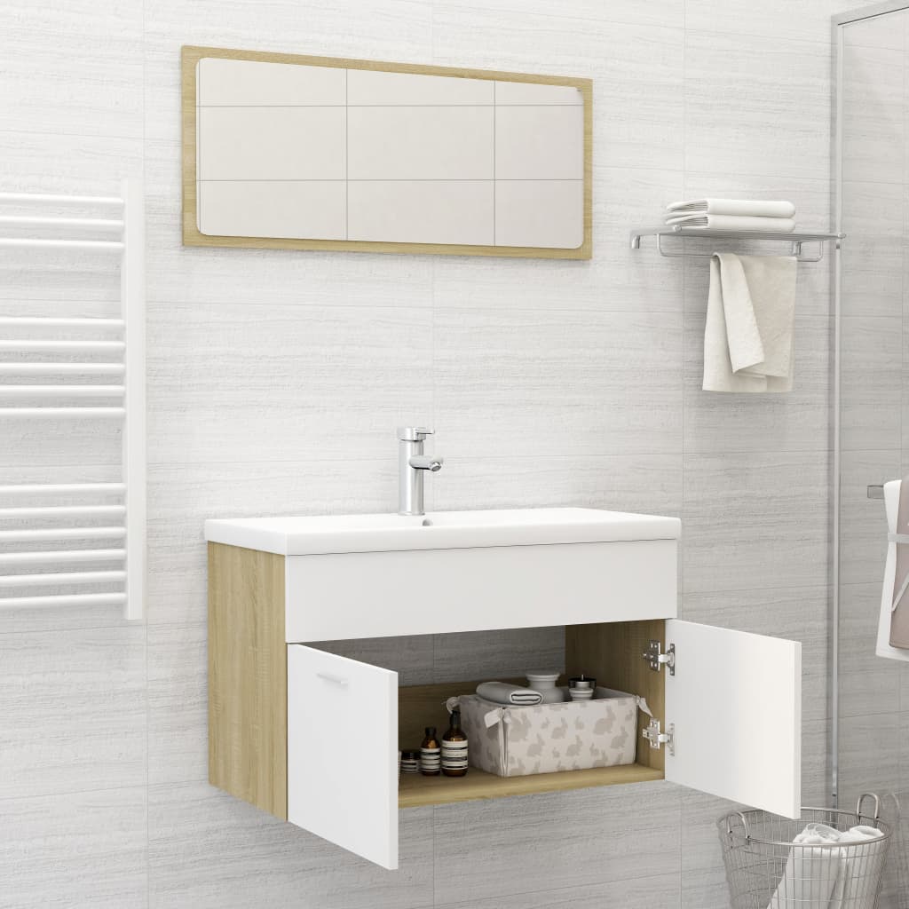 NNEVL 2 Piece Bathroom Furniture Set White and Sonoma Oak Chipboard