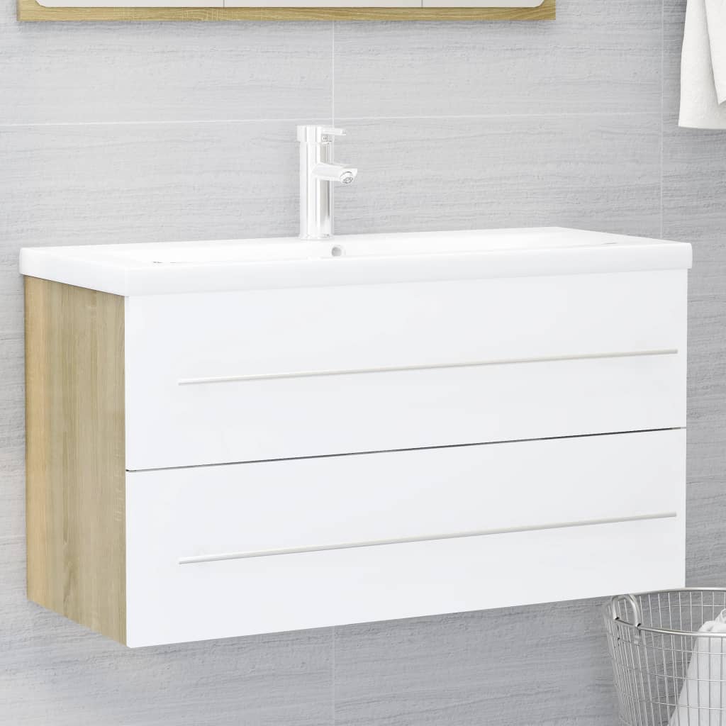 NNEVL 2 Piece Bathroom Furniture Set White and Sonoma Oak Chipboard