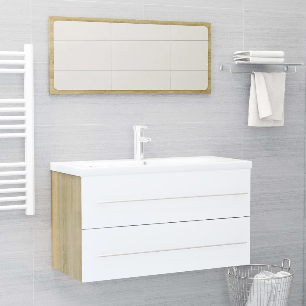 NNEVL 2 Piece Bathroom Furniture Set White and Sonoma Oak Chipboard