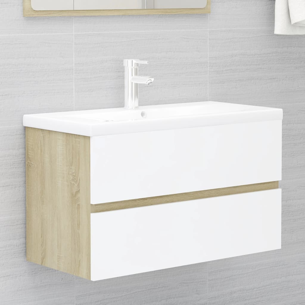 NNEVL 2 Piece Bathroom Furniture Set White and Sonoma Oak Chipboard
