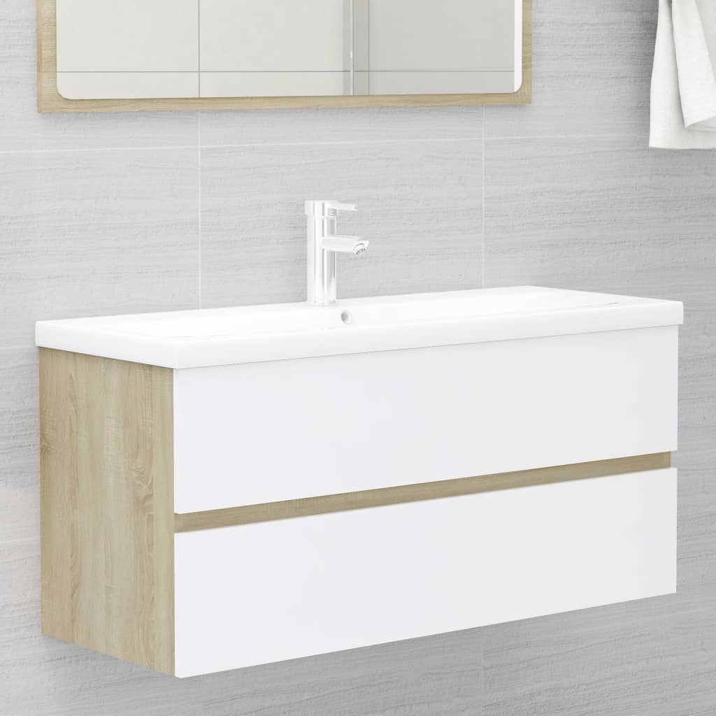 NNEVL 2 Piece Bathroom Furniture Set White and Sonoma Oak Chipboard