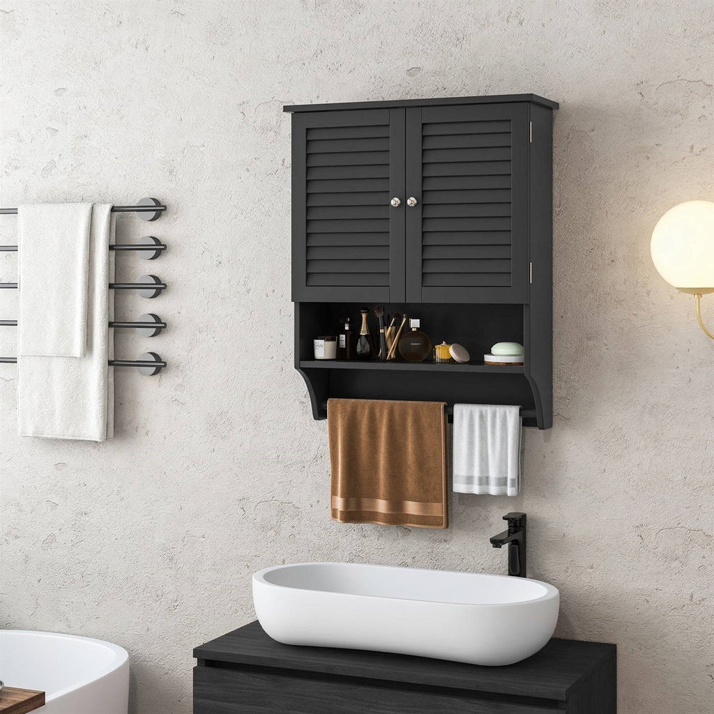 Black Wall-Mounted Bathroom Medicine Cabinet with Louver Doors and Towel Bar