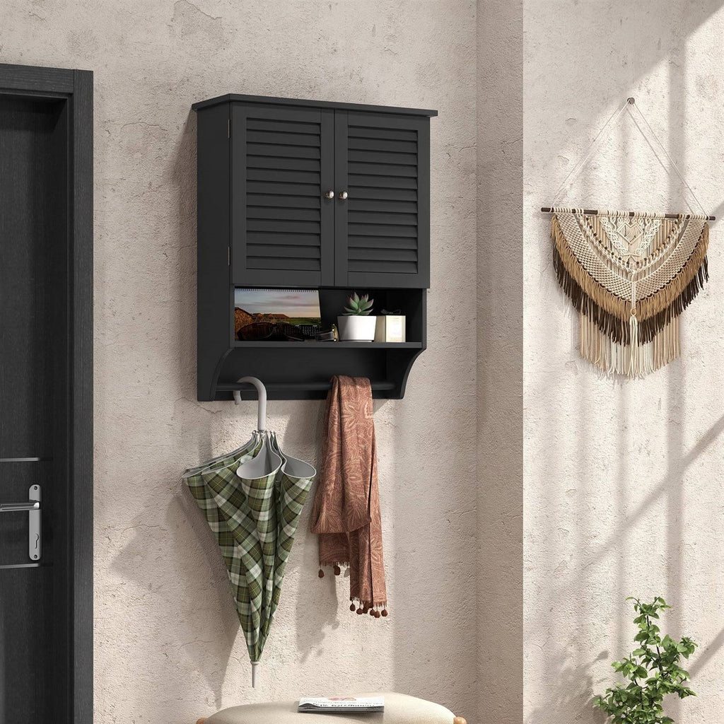 Black Wall-Mounted Bathroom Medicine Cabinet with Louver Doors and Towel Bar