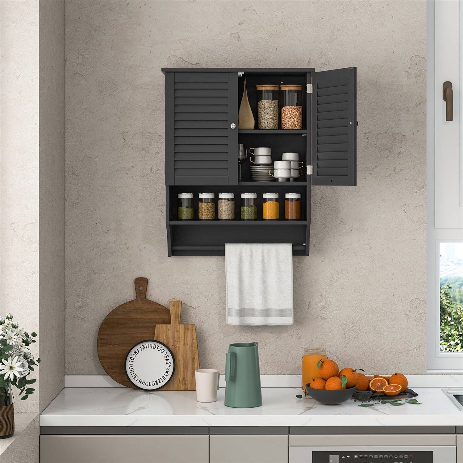 Black Wall-Mounted Bathroom Medicine Cabinet with Louver Doors and Towel Bar