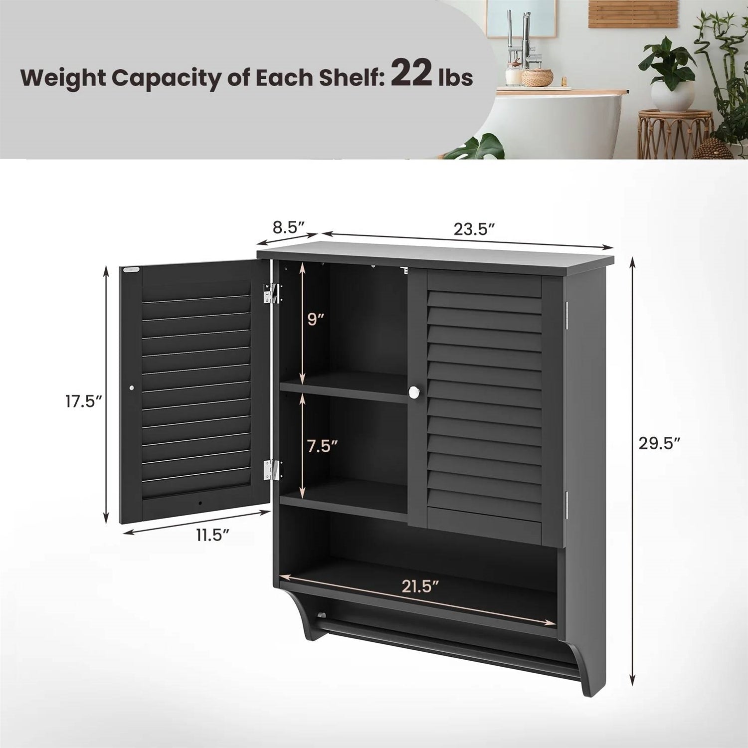Black Wall-Mounted Bathroom Medicine Cabinet with Louver Doors and Towel Bar