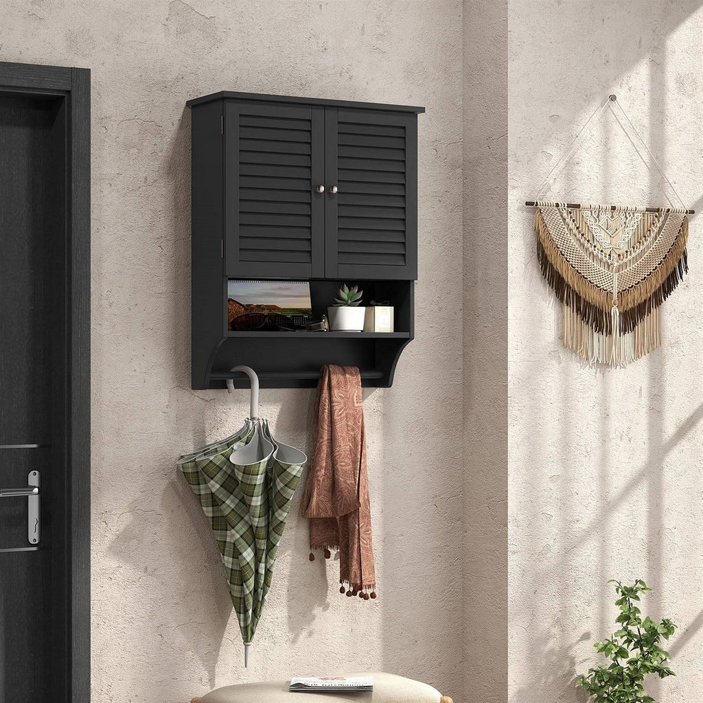 Black Wall-Mounted Bathroom Medicine Cabinet with Louver Doors and Towel Bar