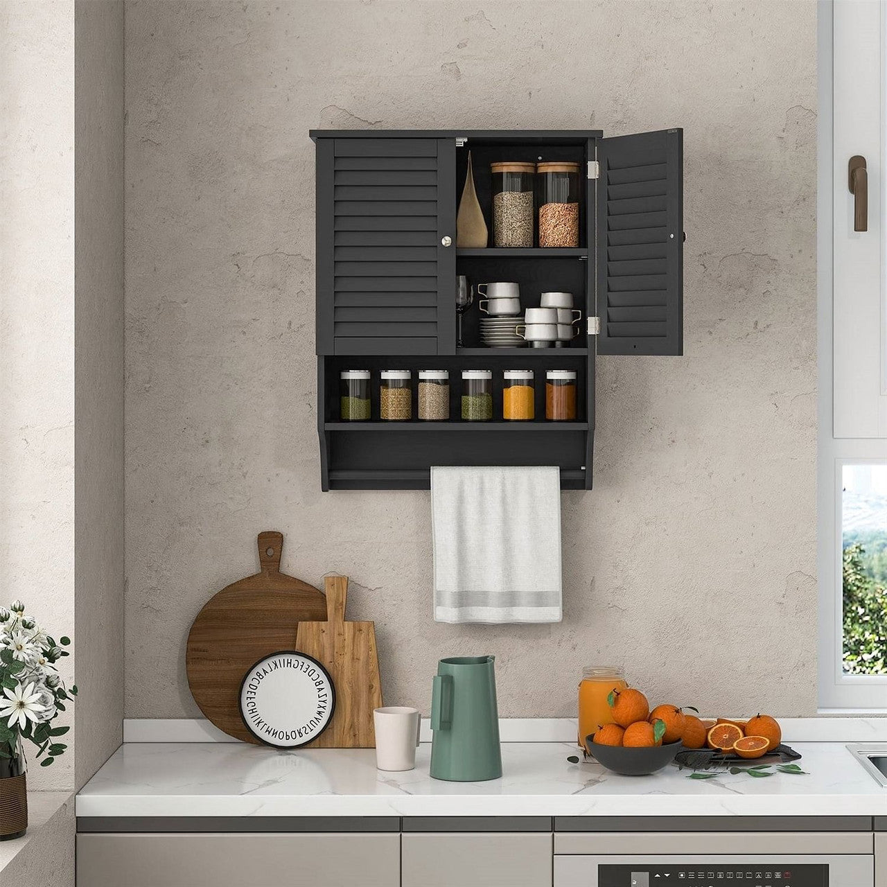 Black Wall-Mounted Bathroom Medicine Cabinet with Louver Doors and Towel Bar