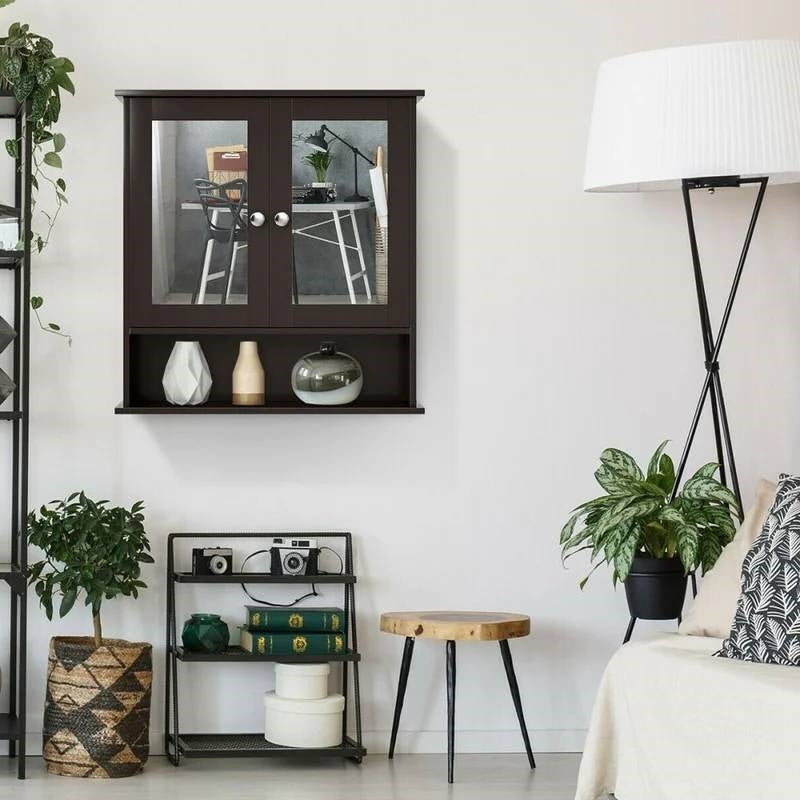 Brown Wooden Bathroom Wall / Medicine Cabinet with Mirrored Doors and Shelf