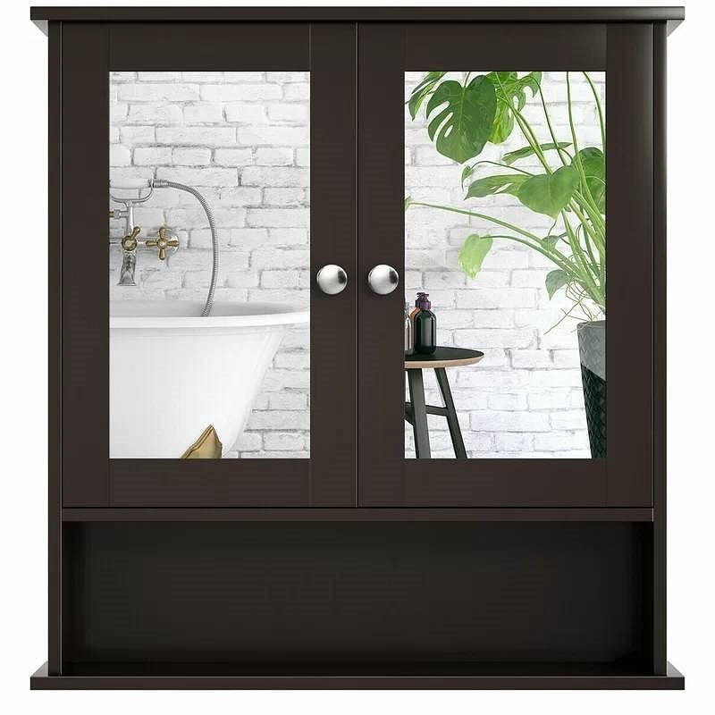 Brown Wooden Bathroom Wall / Medicine Cabinet with Mirrored Doors and Shelf
