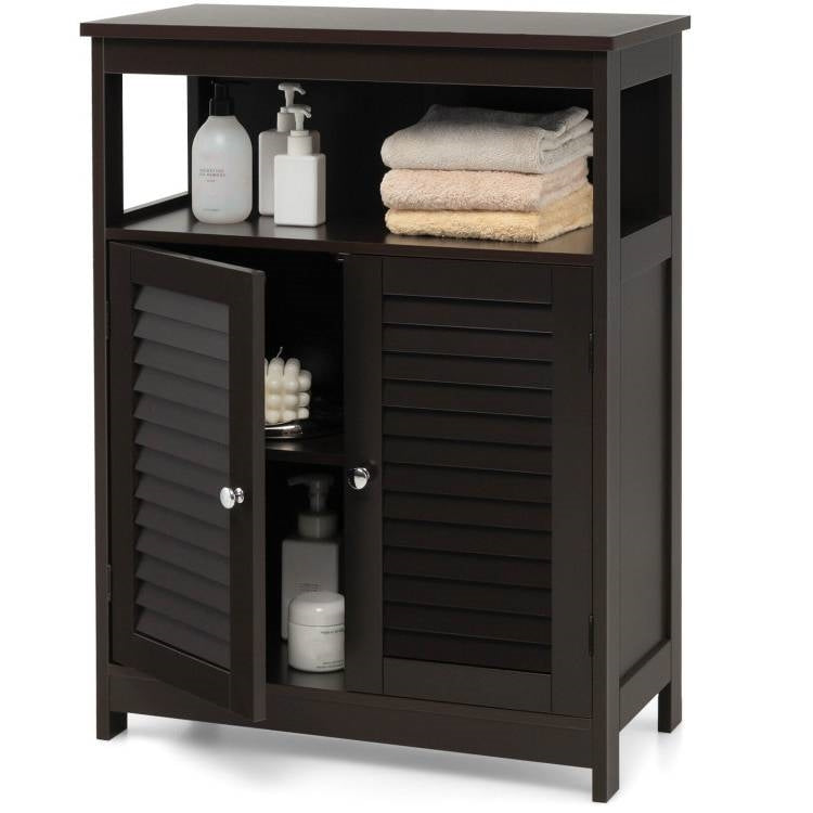 Brown Farmhouse Bathroom Linen Cabinet with Louvered Doors and Open Shelf