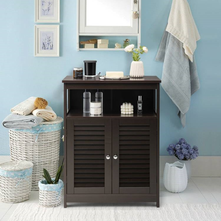 Brown Farmhouse Bathroom Linen Cabinet with Louvered Doors and Open Shelf
