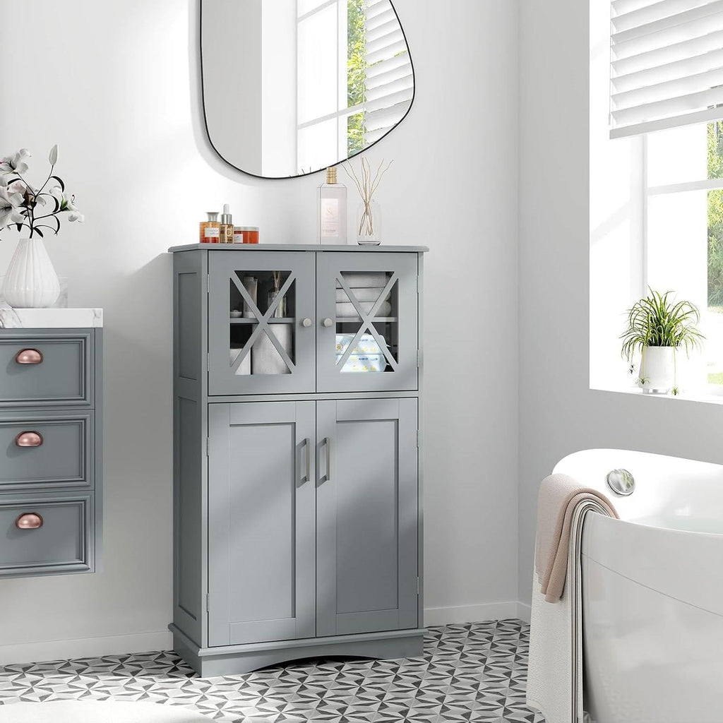 Grey Bathroom Towel Linen Cabinet with Glass Doors and Storage Shelves