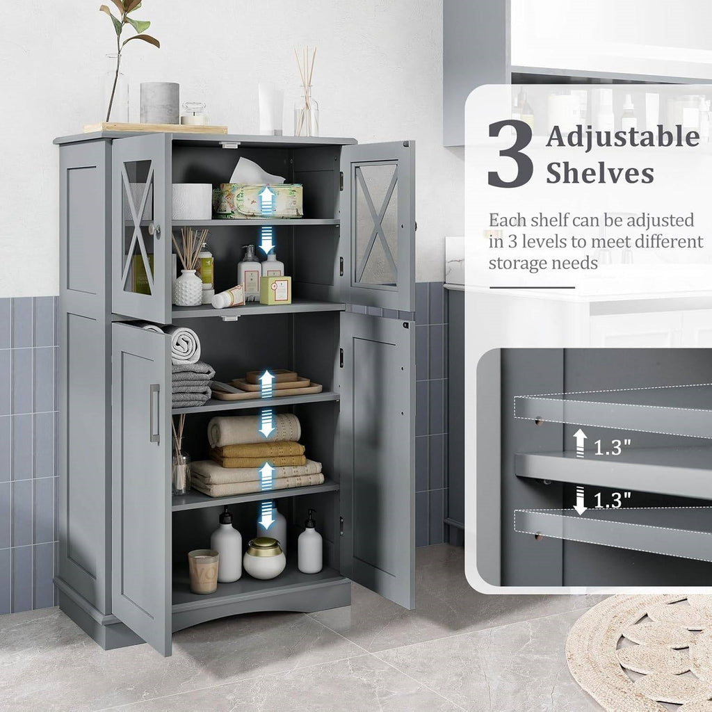 Grey Bathroom Towel Linen Cabinet with Glass Doors and Storage Shelves