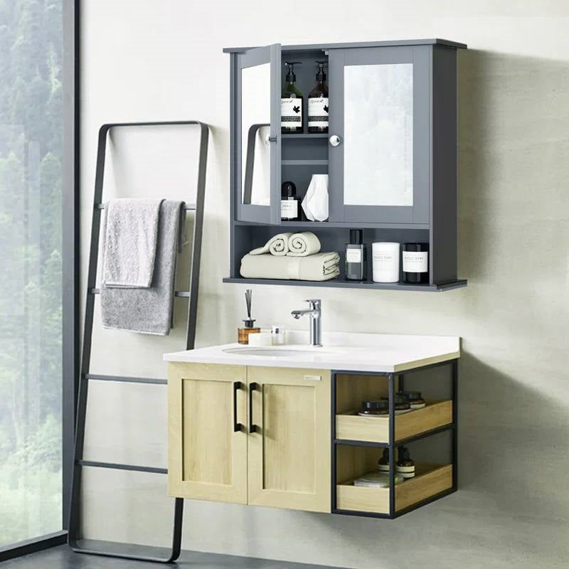 Grey Wood Bathroom Wall / Medicine Cabinet with Mirrored Doors and Shelf