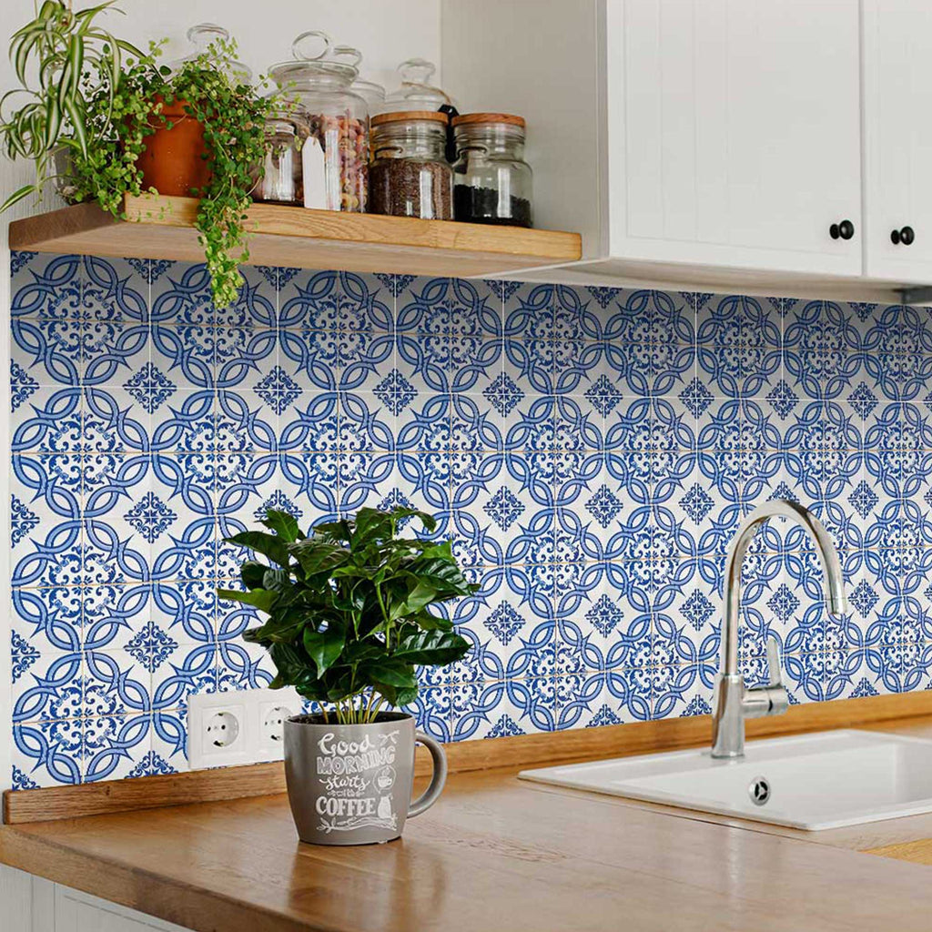 Blue and White pattern Peel and Stick Tile Stickers Blue bathroom backsplash Model - H14