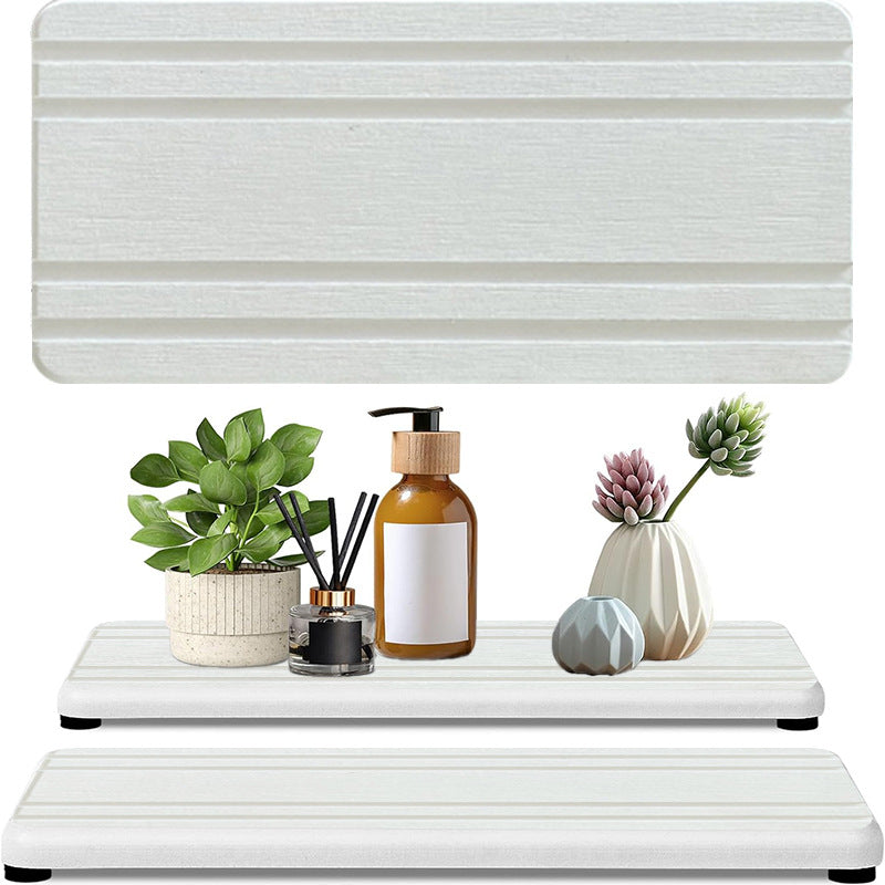 NNEDSZ Upper And Lower Slots White 2-Piece Rectangular Diatomaceous Earth Coaster Set - Absorbent Grooved Mat for Sink and Bathroom