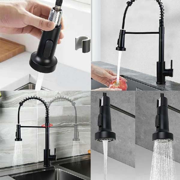 Monobloc Kitchen Sink Mixer Tap with Pull Out Hose Sprayer Single Lever - Black - Image 5