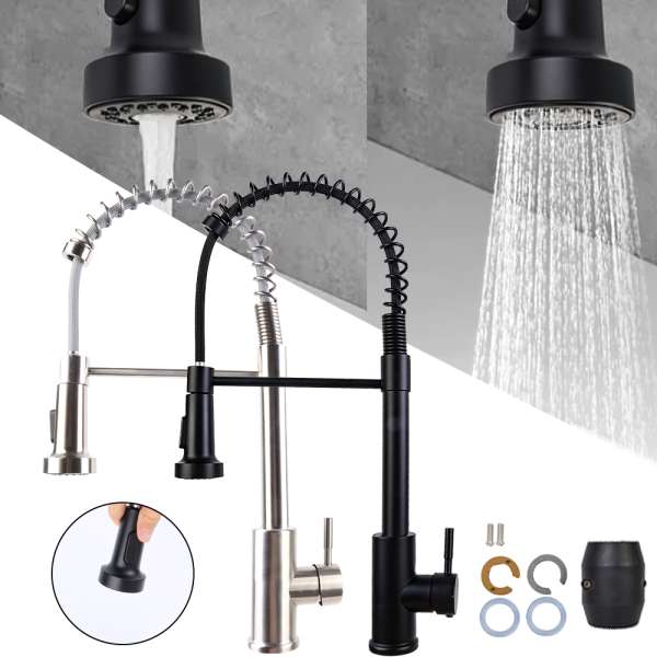 Monobloc Kitchen Sink Mixer Tap with Pull Out Hose Sprayer Single Lever - Black - Image 8