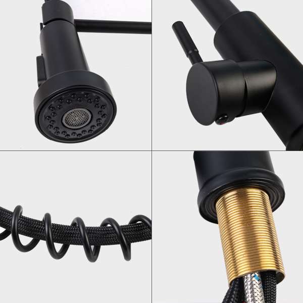 Monobloc Kitchen Sink Mixer Tap with Pull Out Hose Sprayer Single Lever - Black - Image 4
