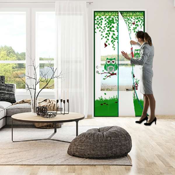 Magic Door Curtain Mesh Magnetic Fastening Hands Free Insect Fly Screen - Green Owl - Image 2