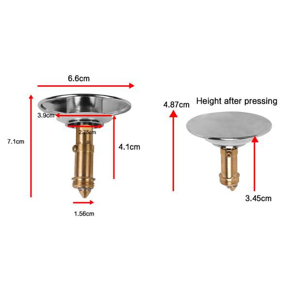 Pop Up Basin Sink Push Button Bathroom Push Drain Stopper Plugs Click Clack Plug Bolt - 66mm - Image 7