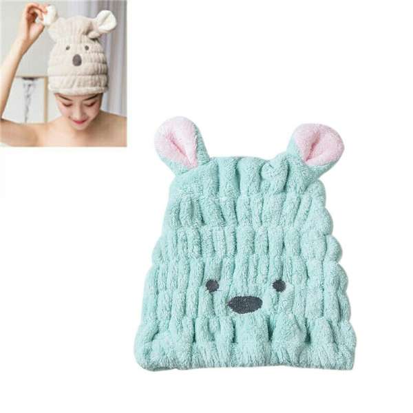 Cute Rabbit Quick Dry Hair Turban Hair Drying Towel Wrap Turban Head Hat - Green - Image 3