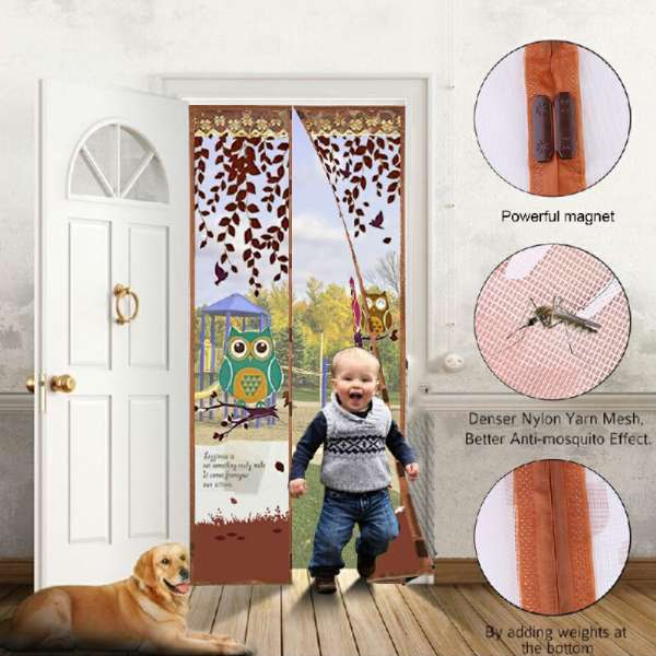 Magic Door Curtain Mesh Magnetic Fastening Hands Free Insect Fly Screen - Coffee Owl - Image 4