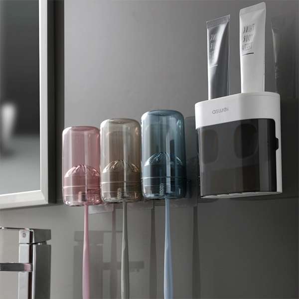 Wall-mounted Toothbrush Holder Double Toothpaste Dispenser with Wall Sticker - Image 7